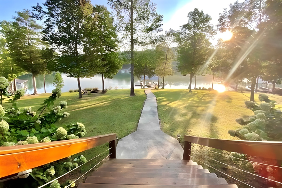 Looking towards lake from back patio, over the backyard.