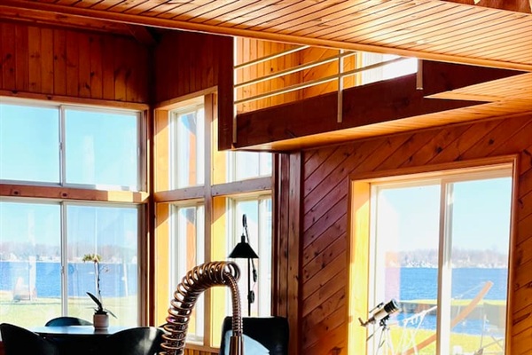 Kitchen with lake views while preparing meals.