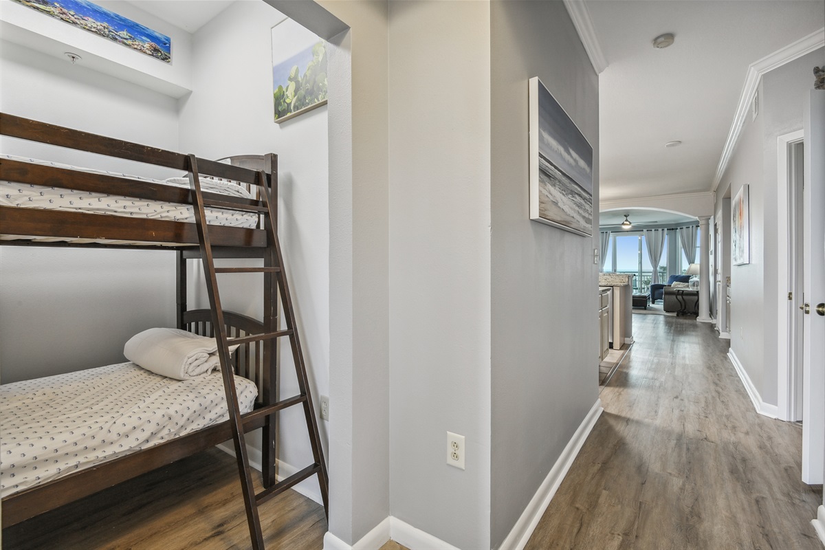 Bunk bed room looking down hall.