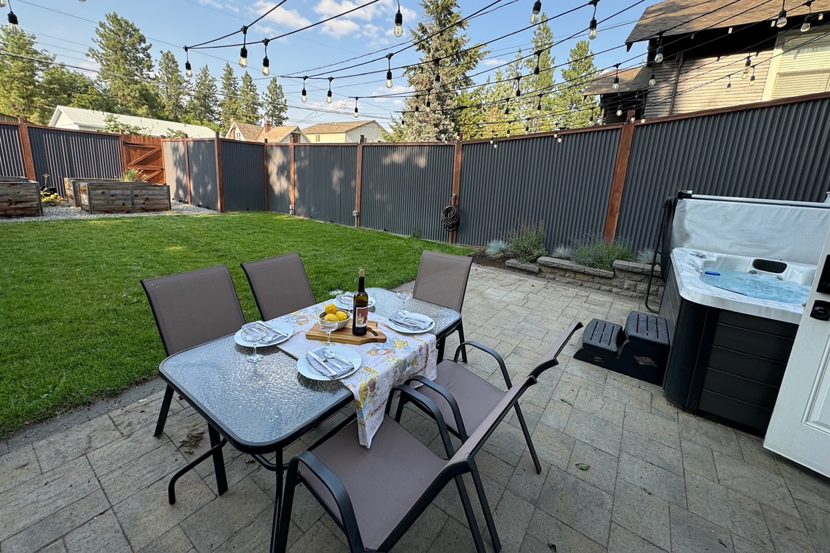 Backyard patio with string lights