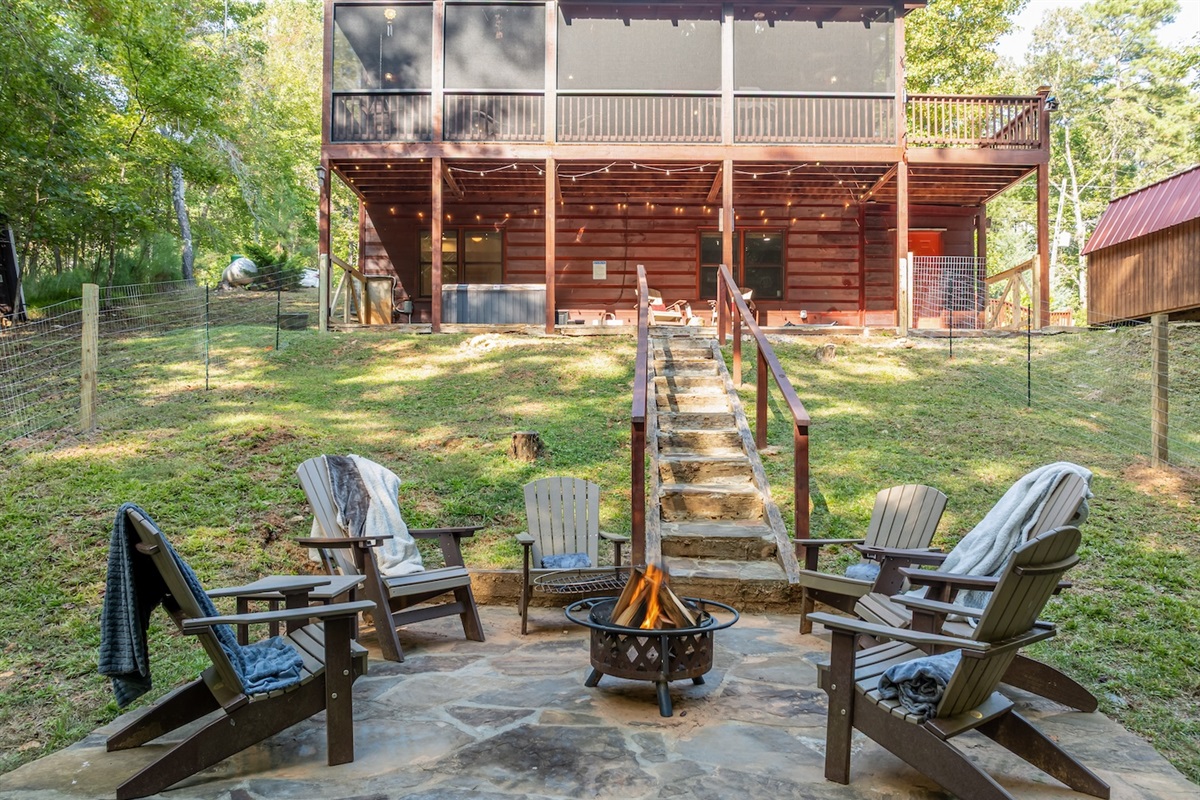 Stairs made out of stone leading up to the cabin are wide and comfy. Handrails on both sides for extra security and safety. Please watch your step.