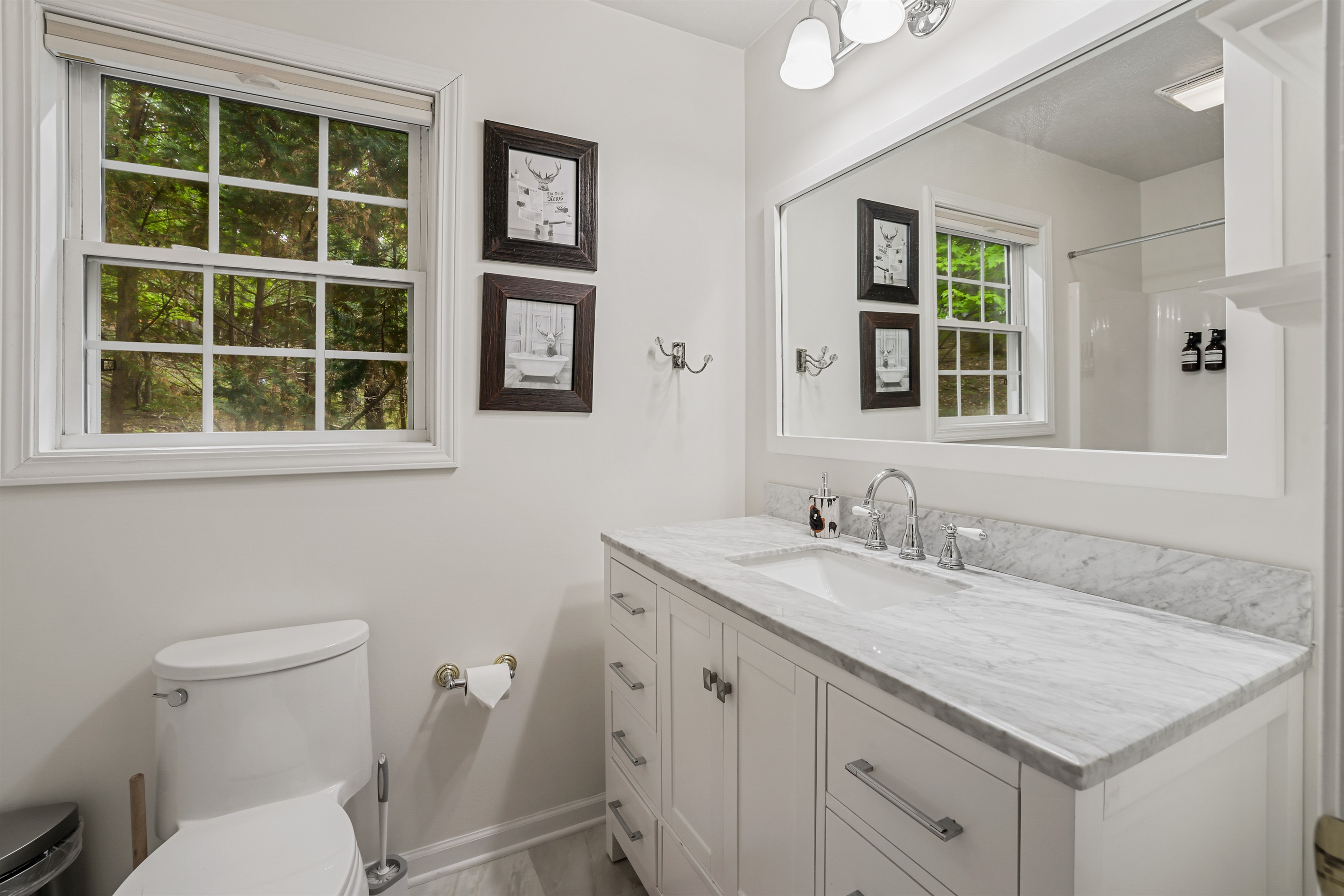 Ensuite bathroom with a perfect morning view - look out for deers