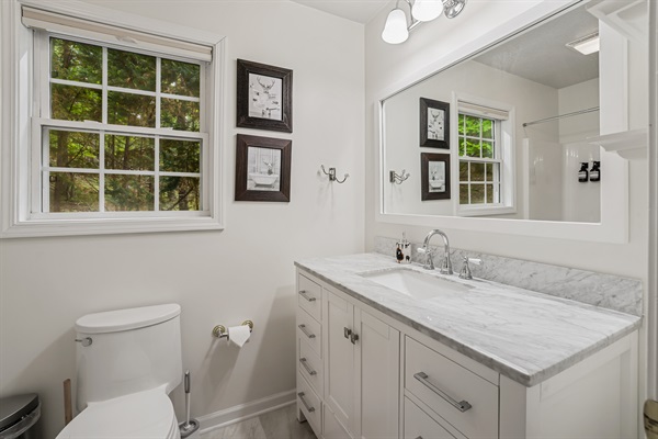 Ensuite bathroom with a perfect morning view - look out for deers