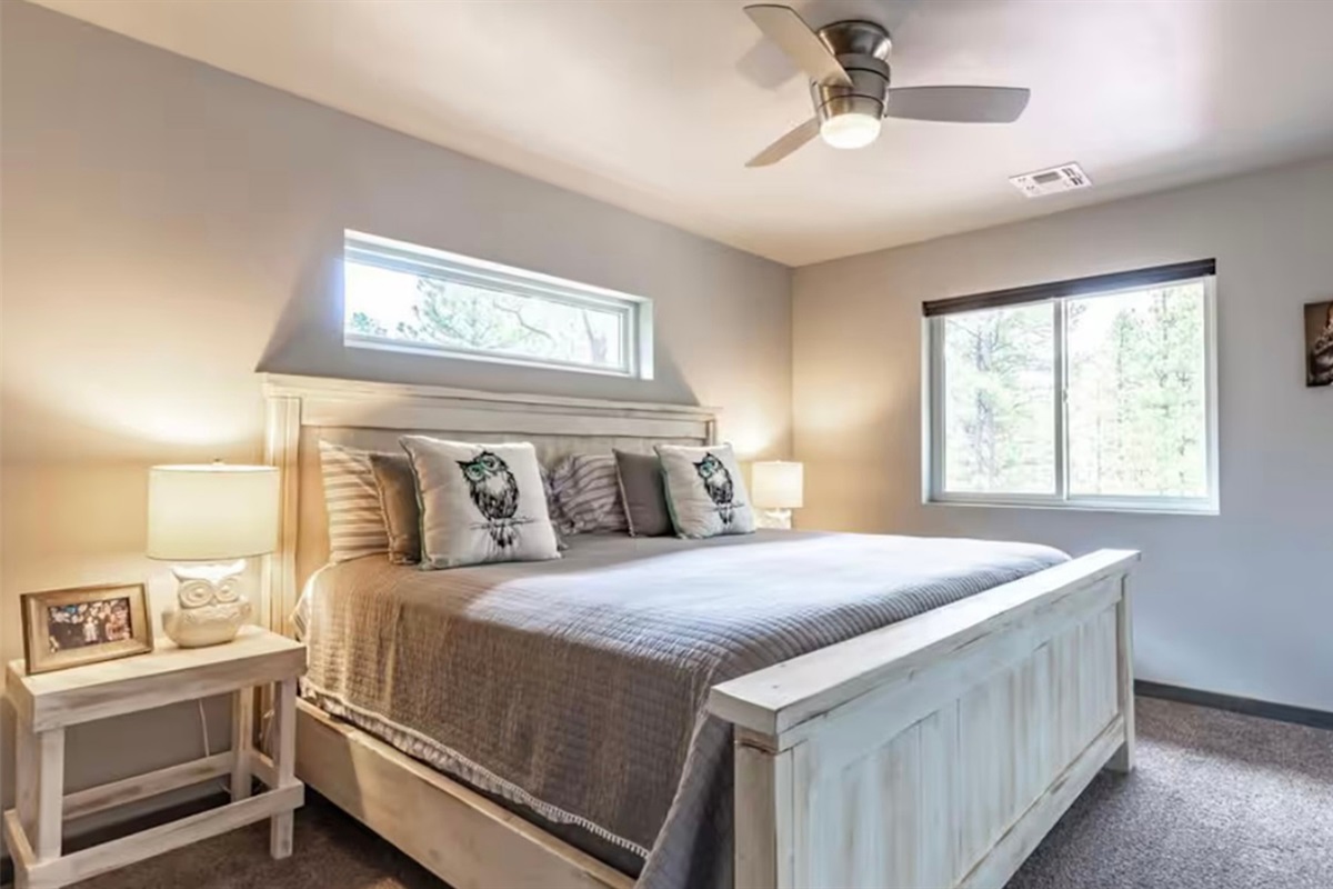 Bright bedroom with comfortable king bed and natural light.