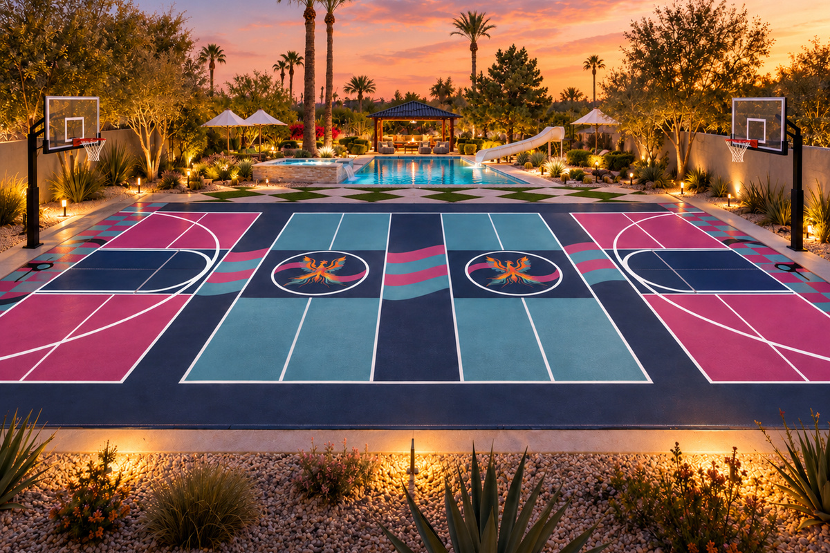 {Sports Court} Settle the group rivalry on Firebird’s colorful court custom 4 court set up. From pickleball rallies to basketball showdowns, a little friendly competition belongs on your Scottsdale itinerary.