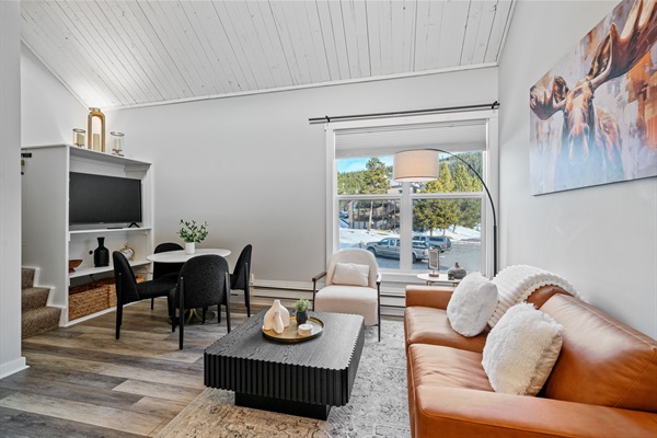 Relax in the open-concept kitchen, living room and dining room 