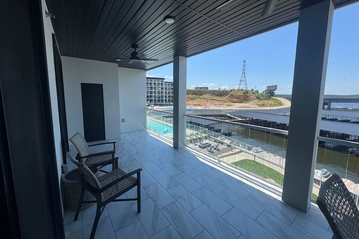 Great views of the pools and marina through the glass railing