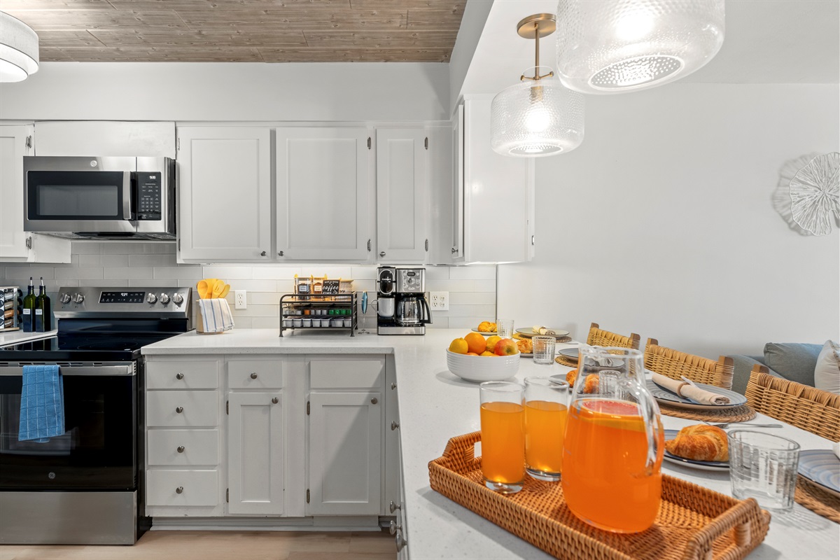 Fully equipped kitchen with everything you need to cook, snack, and sip by the sea.