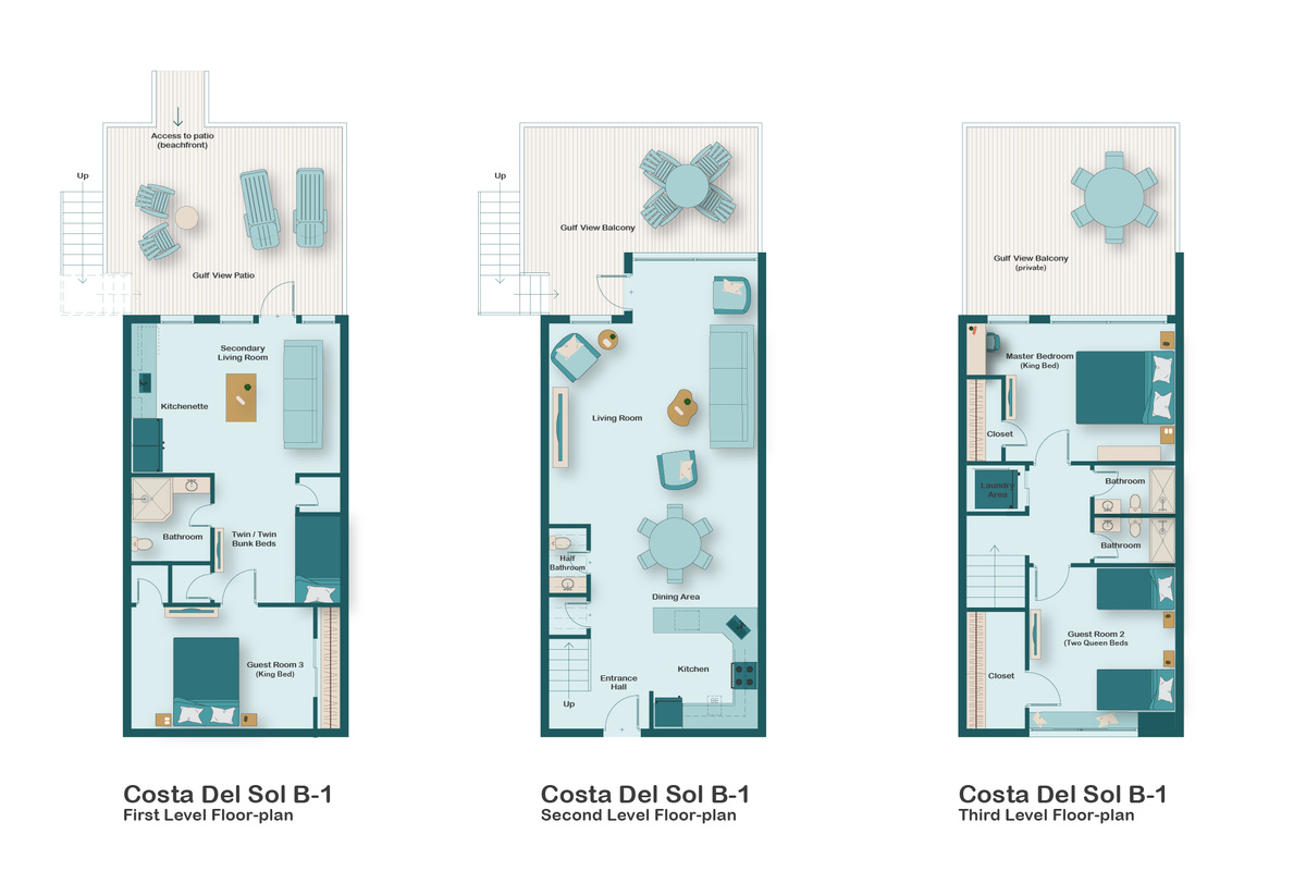 Floorplan for Costa Del Sol B-1 - Two Living Rooms, Three Beachfront Patios, Private Beach Access, and Seven Total Beds!