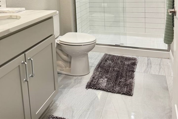 Walk-in shower, toilet, sink, towels, and toiletries. 