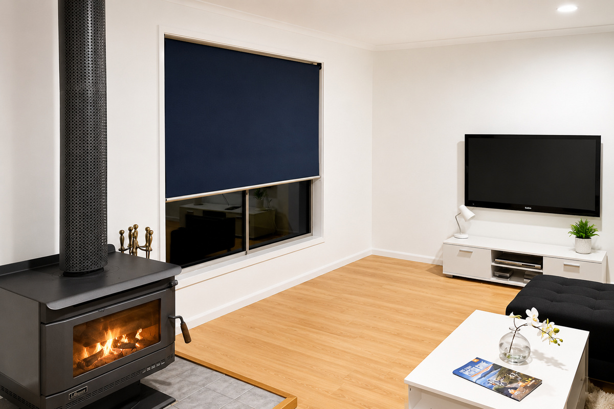 A closer look at the main lounge at Carlenes Getaway, with the fireplace, TV and reverse-cycle comfort set up for quiet Loch Sport evenings.