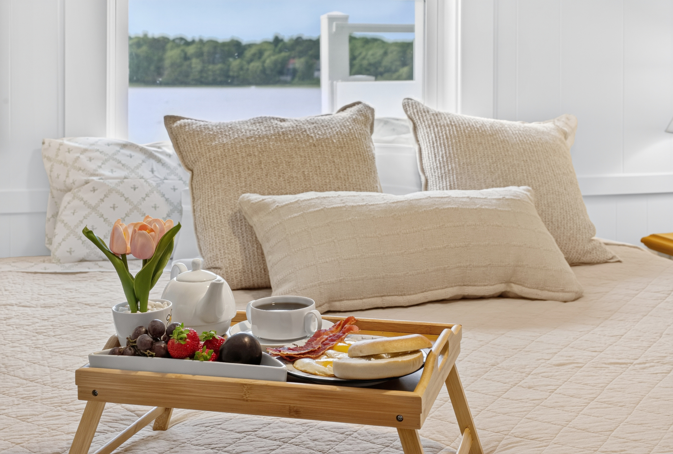 Wake up to sunshine and enjoy breakfast in bed with serene views from the bedroom window.