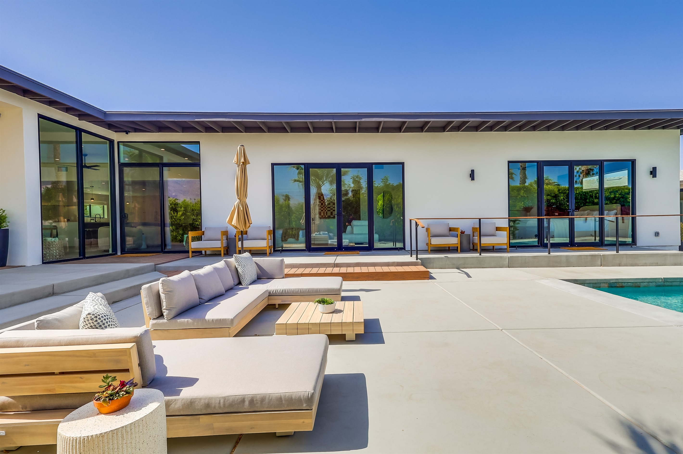 Outdoor space with several seating areas