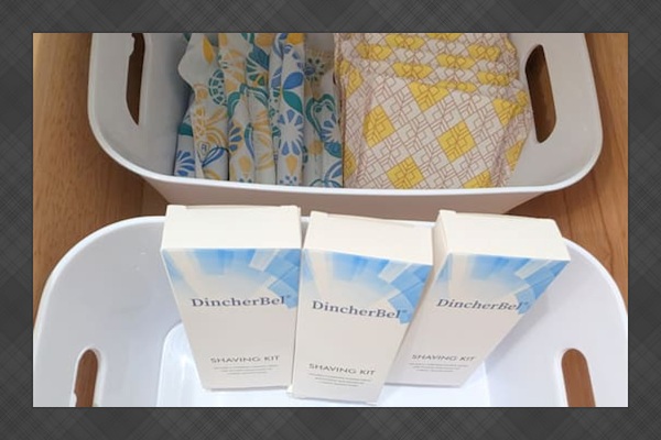 Forgot something? Feminine products, shaving kits, and toothbrushes with toothpaste are stocked. 