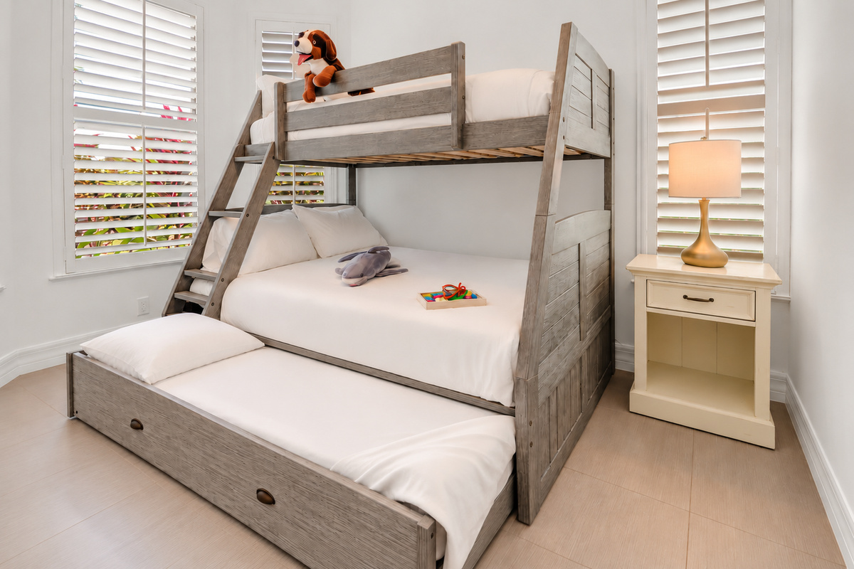Bunk room with trundle, full bed and single bed