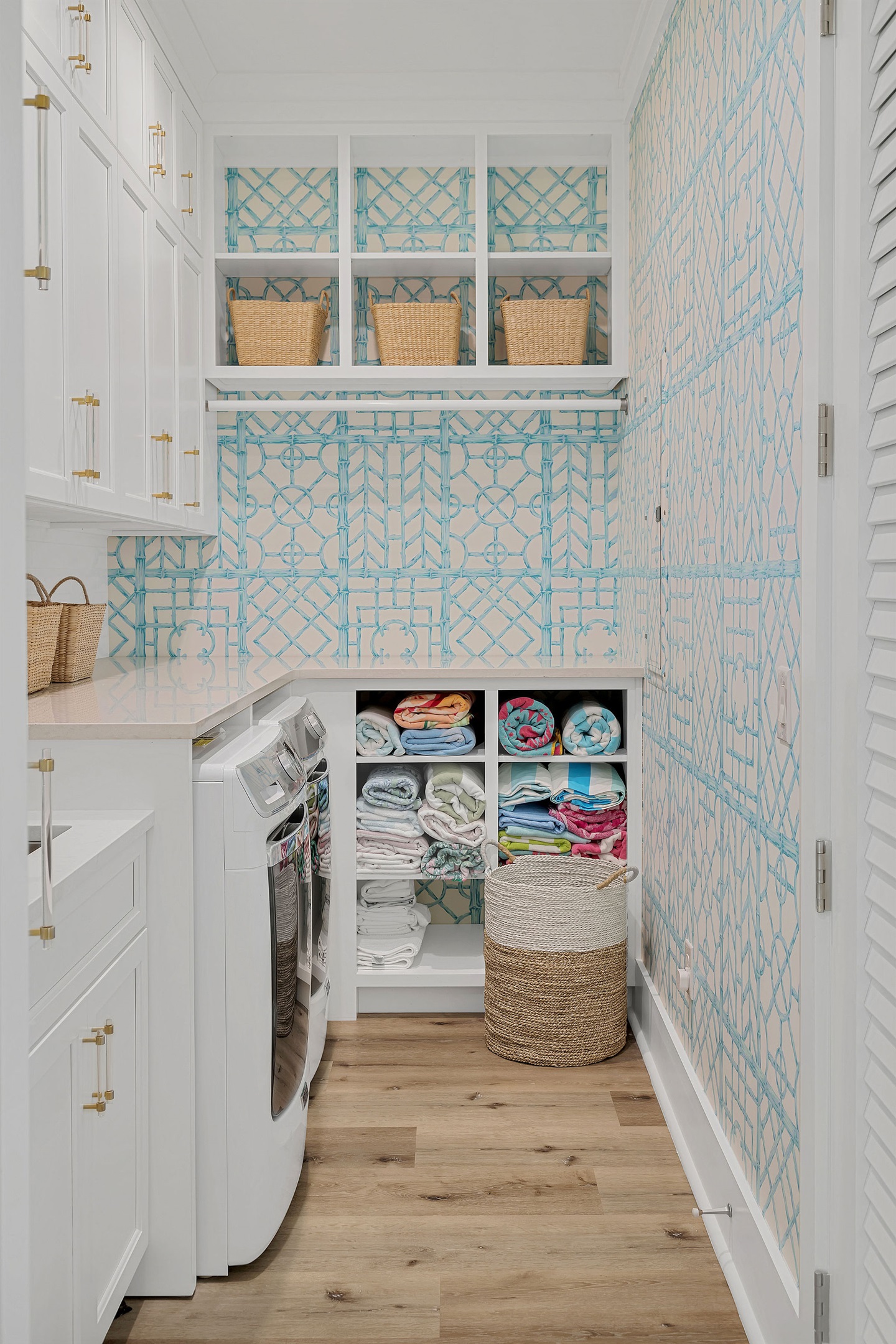 Beach towels for your enjoyment, and plenty of counter space for folding.