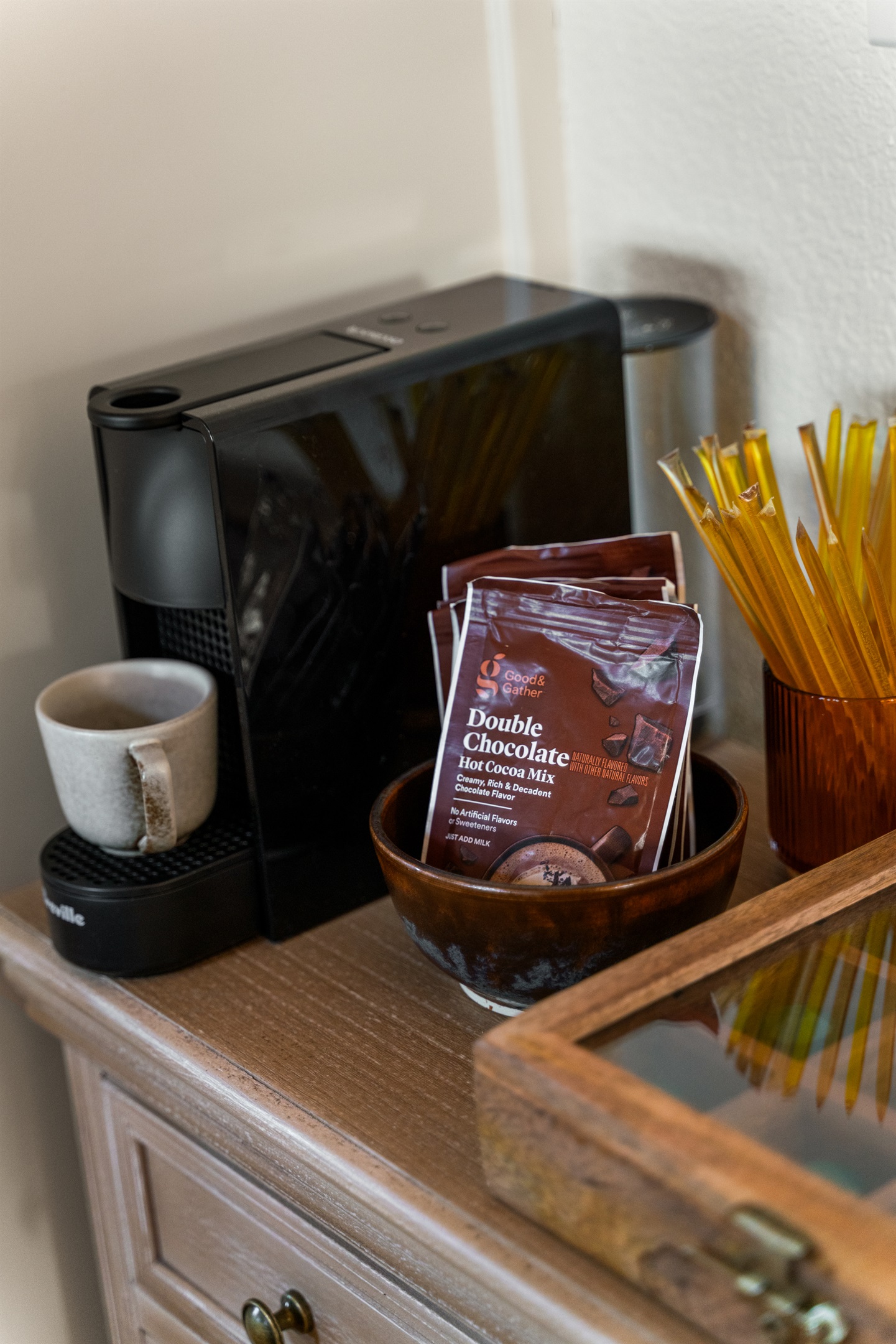 Love coffee? We have 4 different ways to make it! Tea, honey and hot cocoa too.