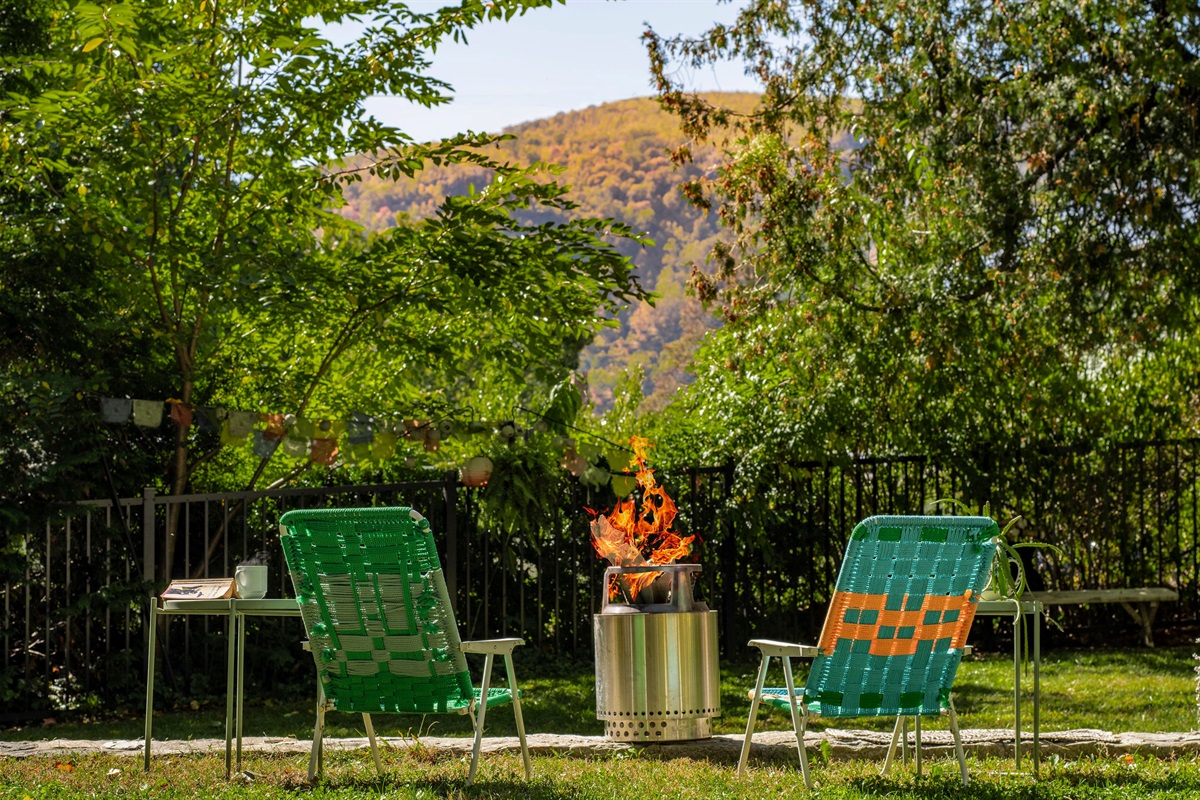 Outdoor fire pit with view of Breakneck Ridge.