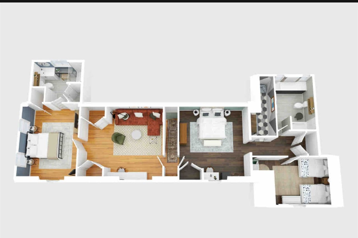 Upstairs layout: 

Oak Canopy Suite (2 bd 1 bath) is to the right of the stairs. Magnolia Suite (1 bd, 1 sitting area, 1 bath) is to the left.