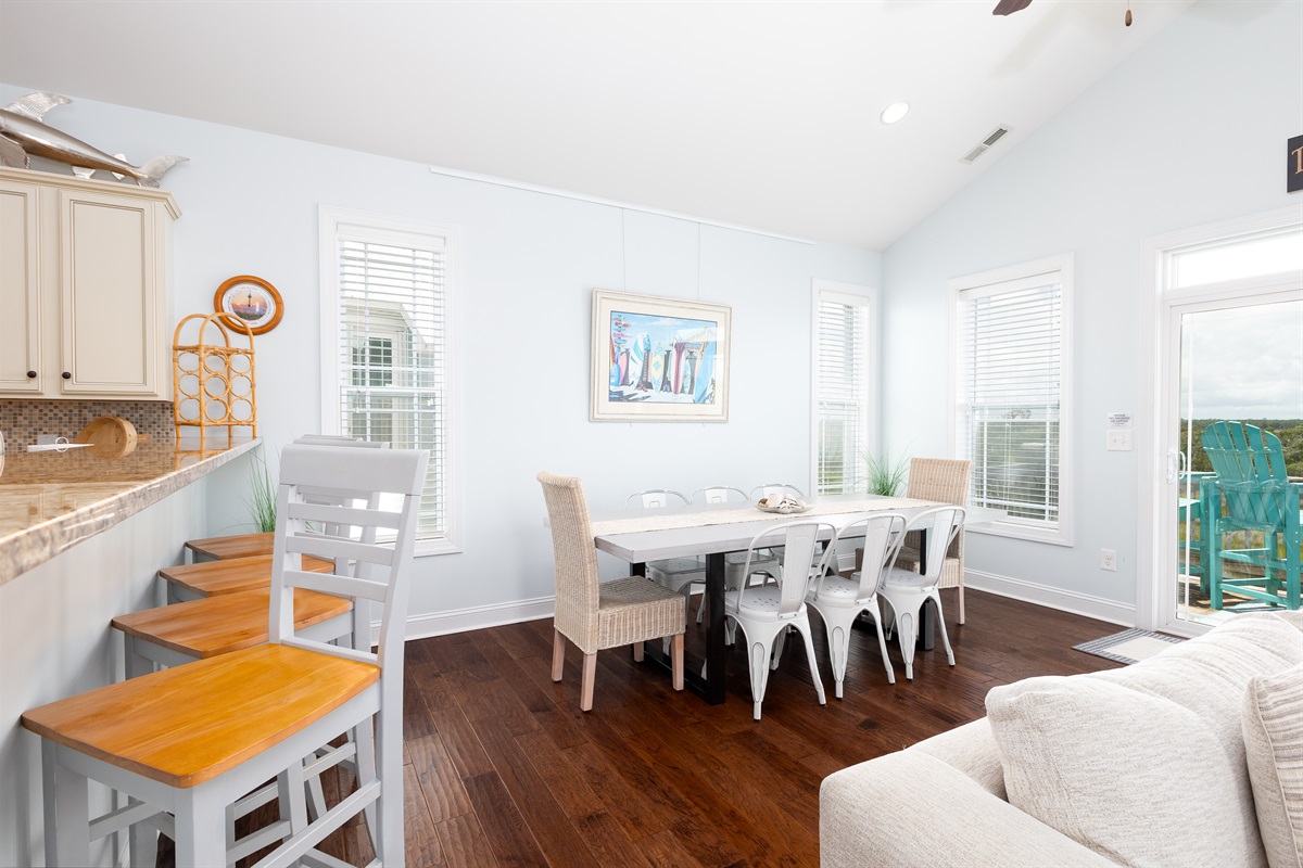 Bar top seating for 4, dining table seating for 8