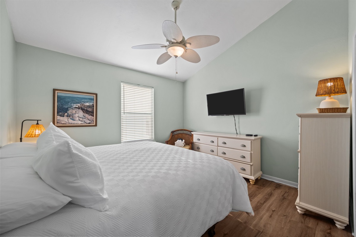 Primary bedroom with king bed, smart TV, and a calm coastal feel