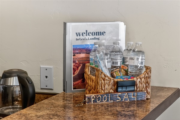 Welcome book, garage opener and pool access