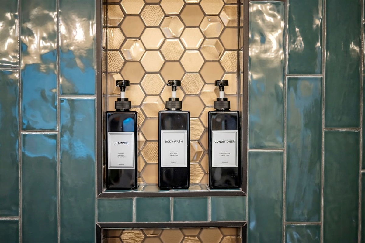 Shampoo, conditioner and body wash provided at the Honeycomb Hideout!  Check out that honeycomb tile!!