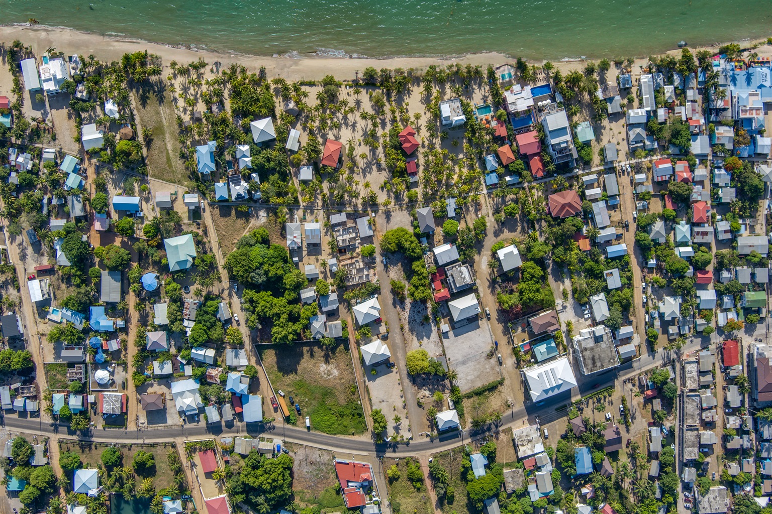 Drone image showing location to beach and road