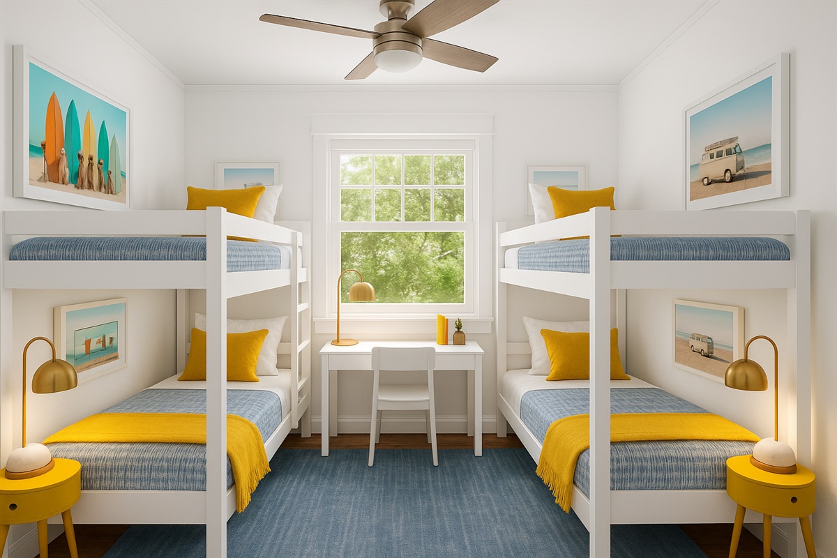 Updated (AI Generated Image): Bright and airy bunk bed bedroom featuring two new durable twin XL bunk beds, modern artwork, and a personal desk and chair—ideal for remote work. Enjoy a smart TV and peaceful views overlooking the quiet Flamingo Park street.