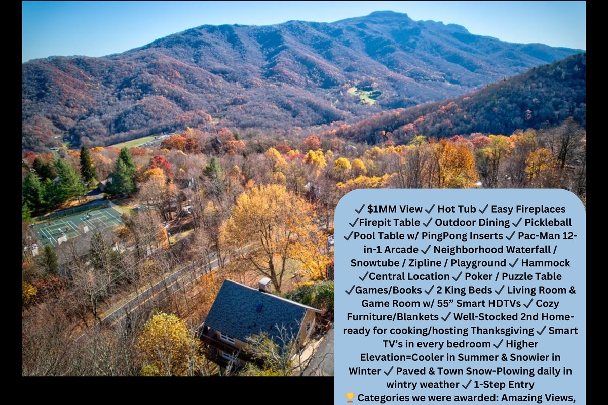 ✔️$1MM VIEW ✔️Premium/Big HotTub ✔️Easy Fireplaces ✔️FirePit Table✔️Outdoor Dining✔️Pool Table w/ PingPong Inserts✔️PacMan 12-in-1 Arcade✔️Pickleball/Waterfall/Hawksnest Snowtubing/Playgrounds
