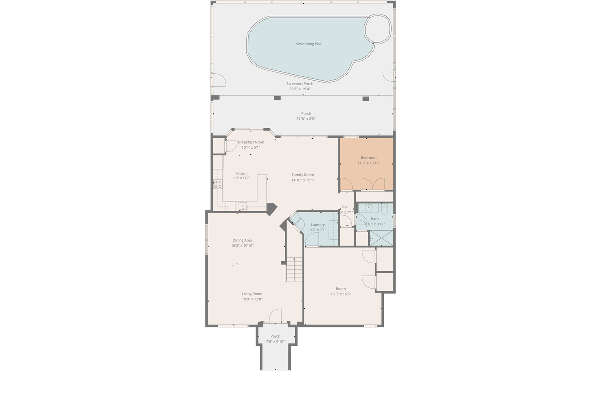 First floor plan: downstairs king bedroom, living, family, kitchen, dining, arcade game room, pool and spa