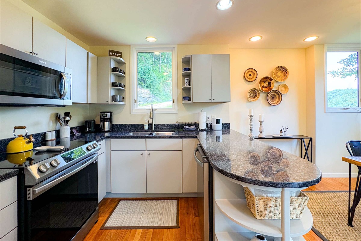 Fully equipped kitchen with all basic items needed to cook a homestyle meal. 