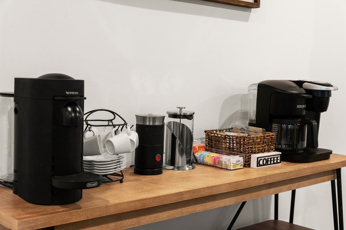 Pour a cup at the coffee bar - We have a Keurig, Nespresso, and French Press!