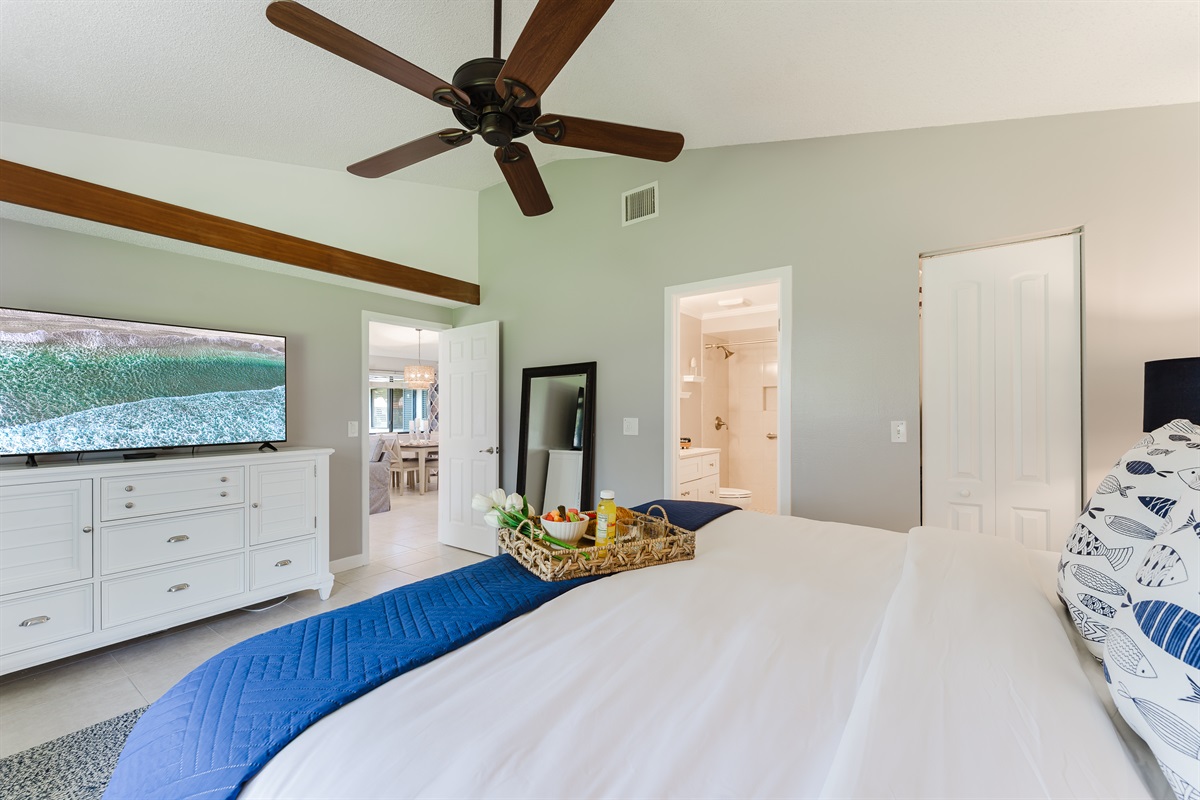 Spacious primary king suite featuring a walk-in closet and a beautifully updated ensuite bathroom—designed for comfort, relaxation, and a true vacation retreat feel
