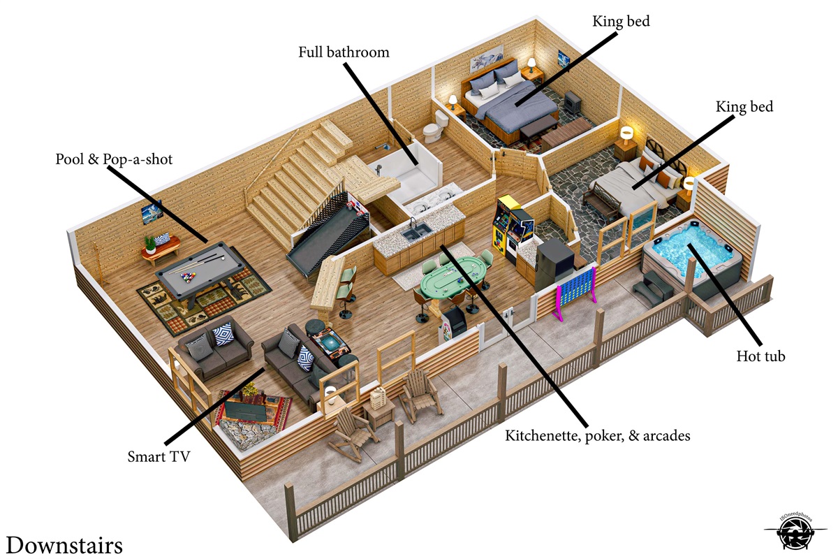This floor plan reveals a game room with pool & pop-a-shot, a poker table, arcades, and even a hot tub! Plus, two king bedrooms for relaxing after all the excitement.