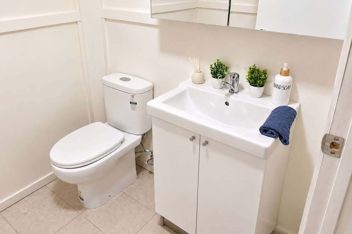 An additional half bathroom at Carlenes Getaway provides guests with a practical vanity and toilet, ideal when travelling with a group.