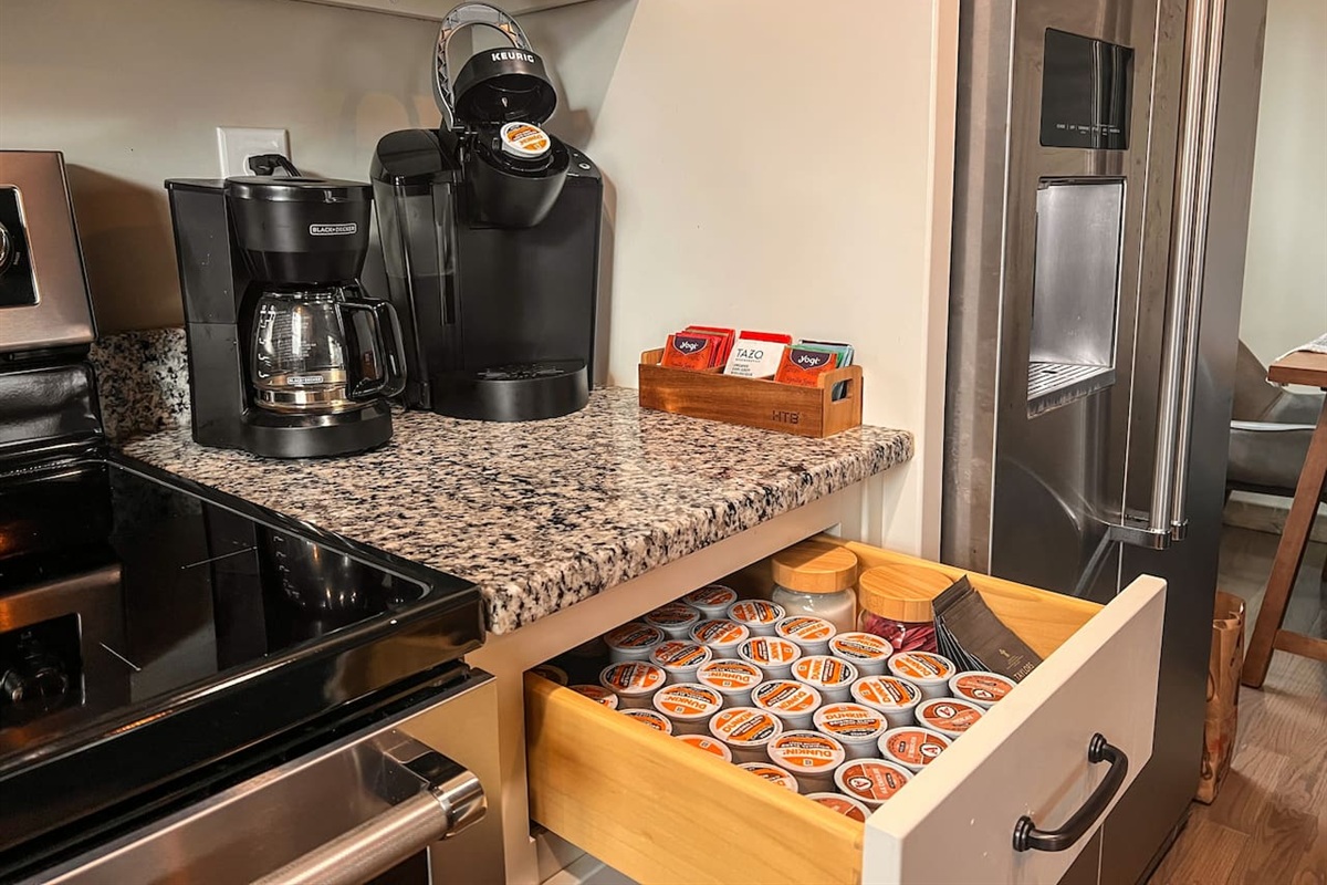 Coffee pot, Keurig, Burr grinder, gooseneck kettle and pour-over coffee options for coffee the way you like it.