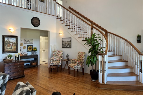 Beautiful curved wooden staircase.