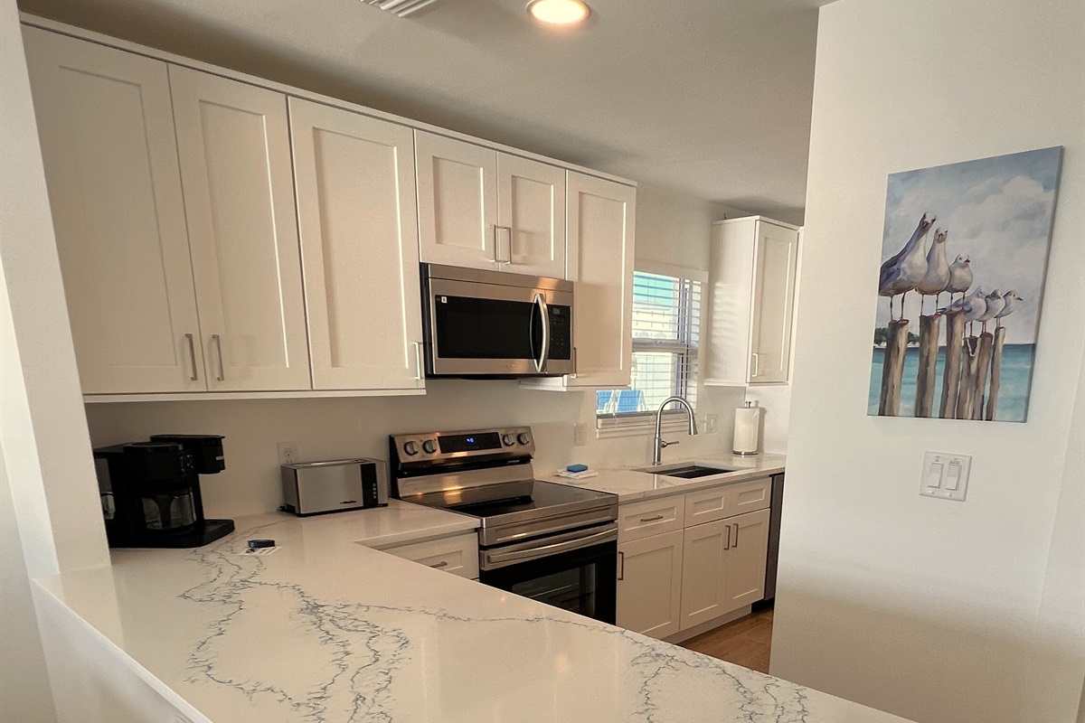 Upgraded and brand new kitchen with quartz countertops