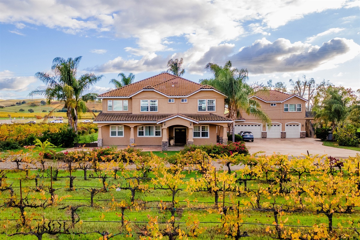 View of the home with our petit sirah vineyards.