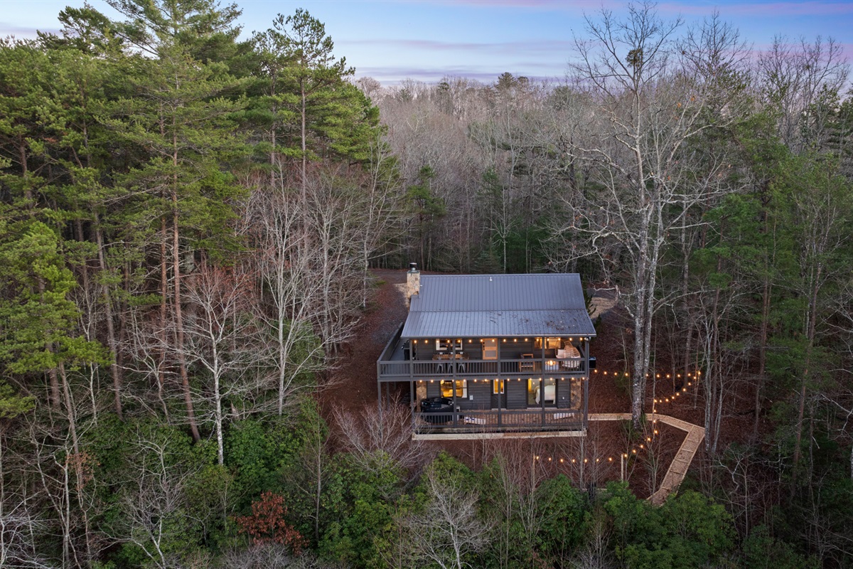 The cabin’s stunning exterior blends seamlessly with the natural beauty of the surrounding forest.