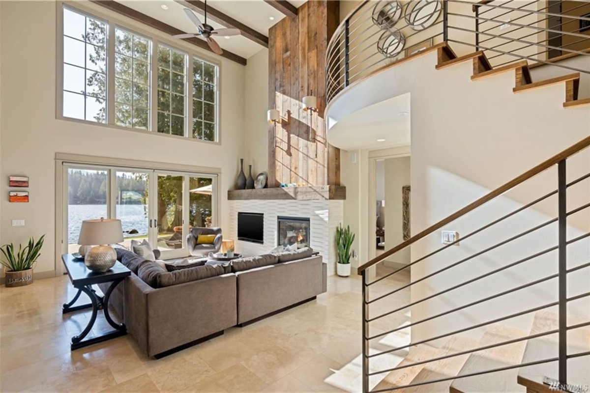 Welcoming perspective of the living spaces from the front entry.