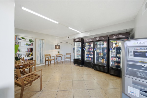 24 hour smart vending machines, an ATM, and a book exchange with a variety of adult and children's books  