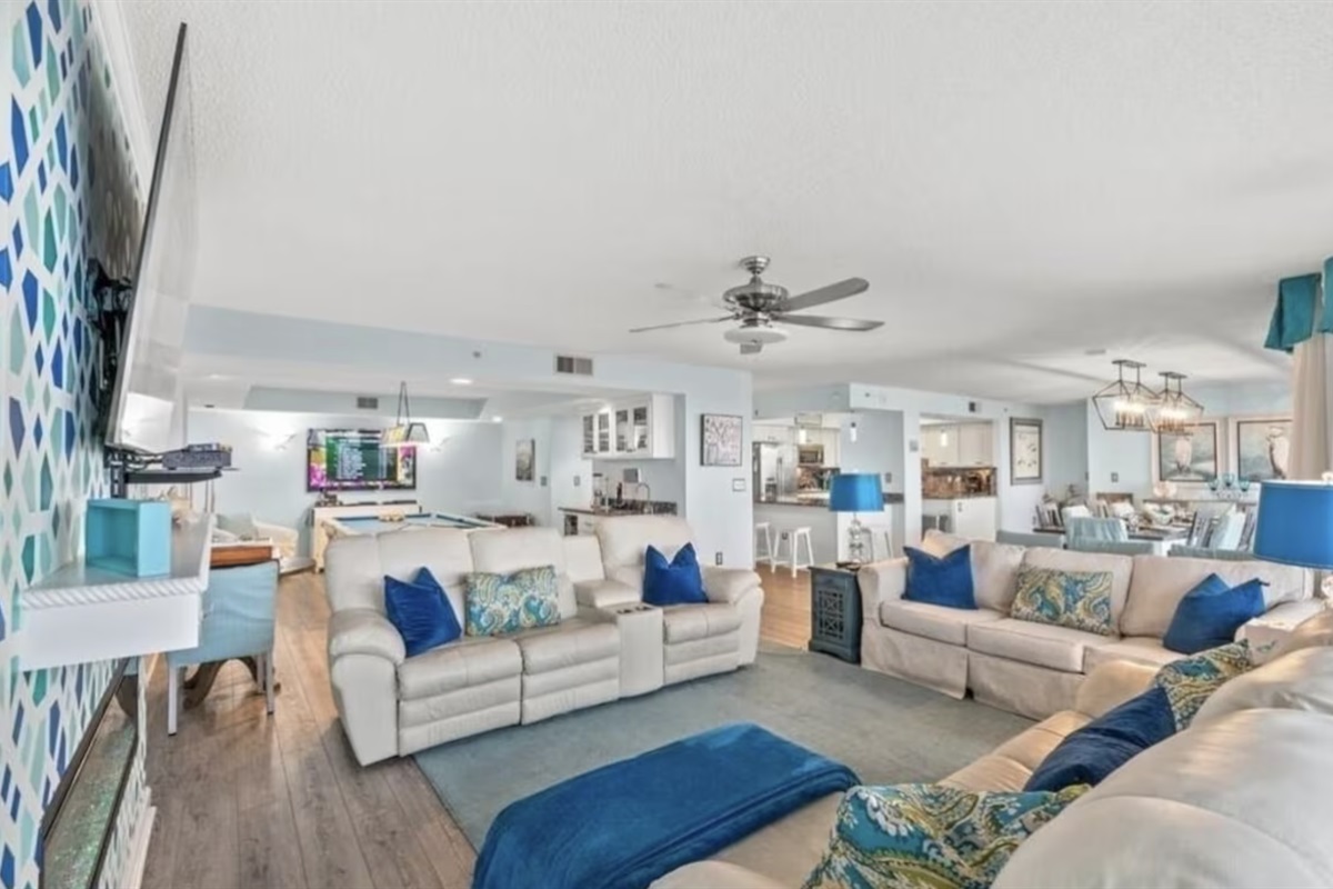 The open-concept living space allows the whole family to do their own thing while still being close to one another