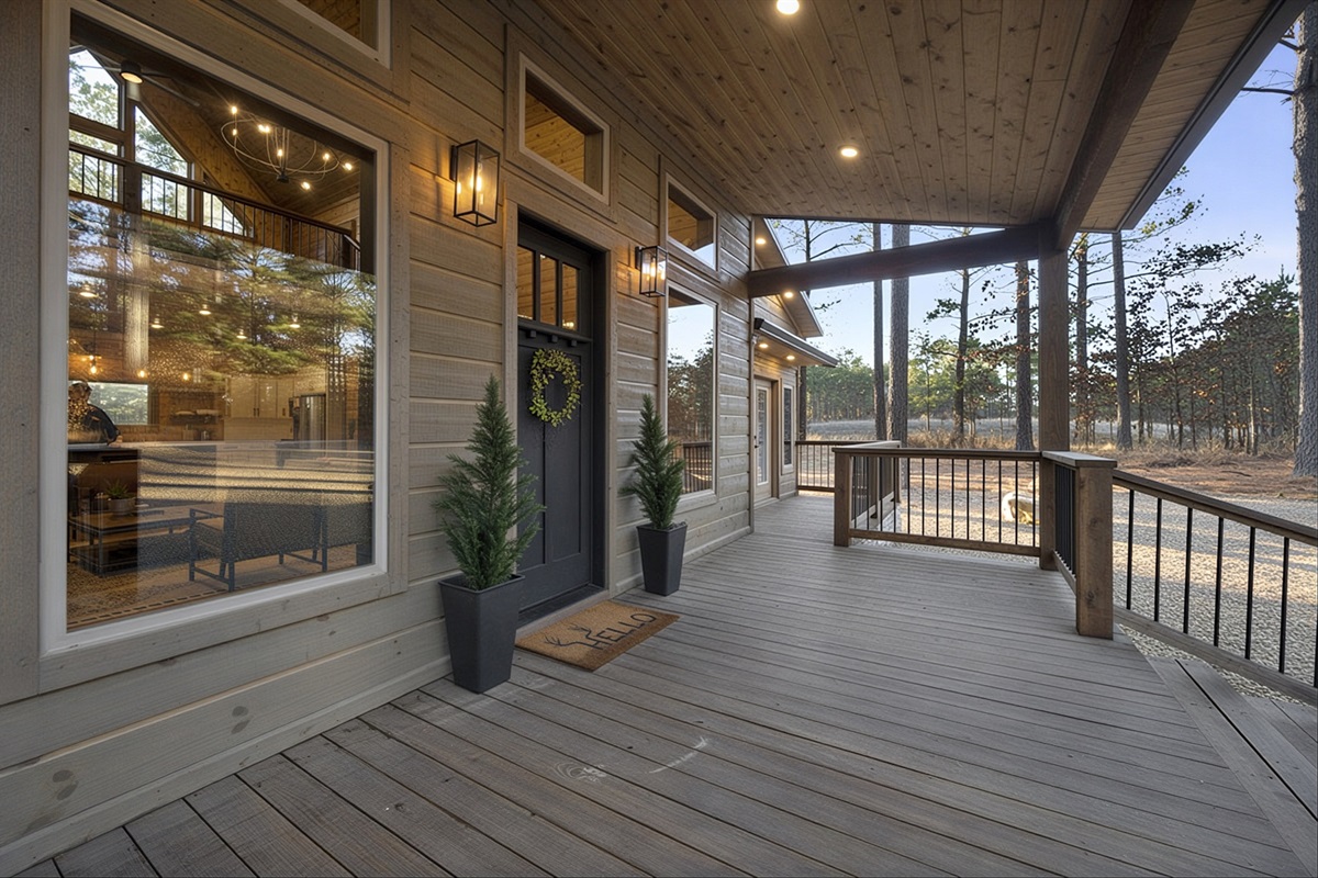 Covered porch offers a quiet place to unwind and enjoy the wooded setting.
