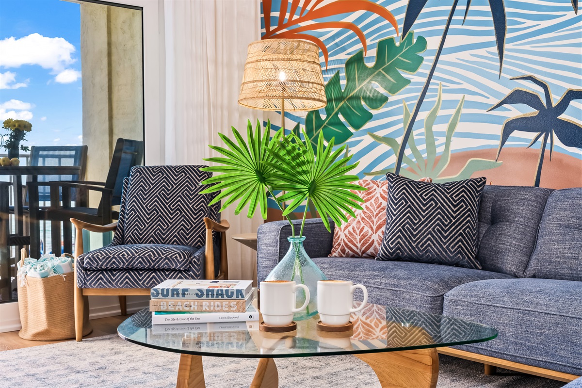 A bright, comfortable living space for gathering after a day on the beach.