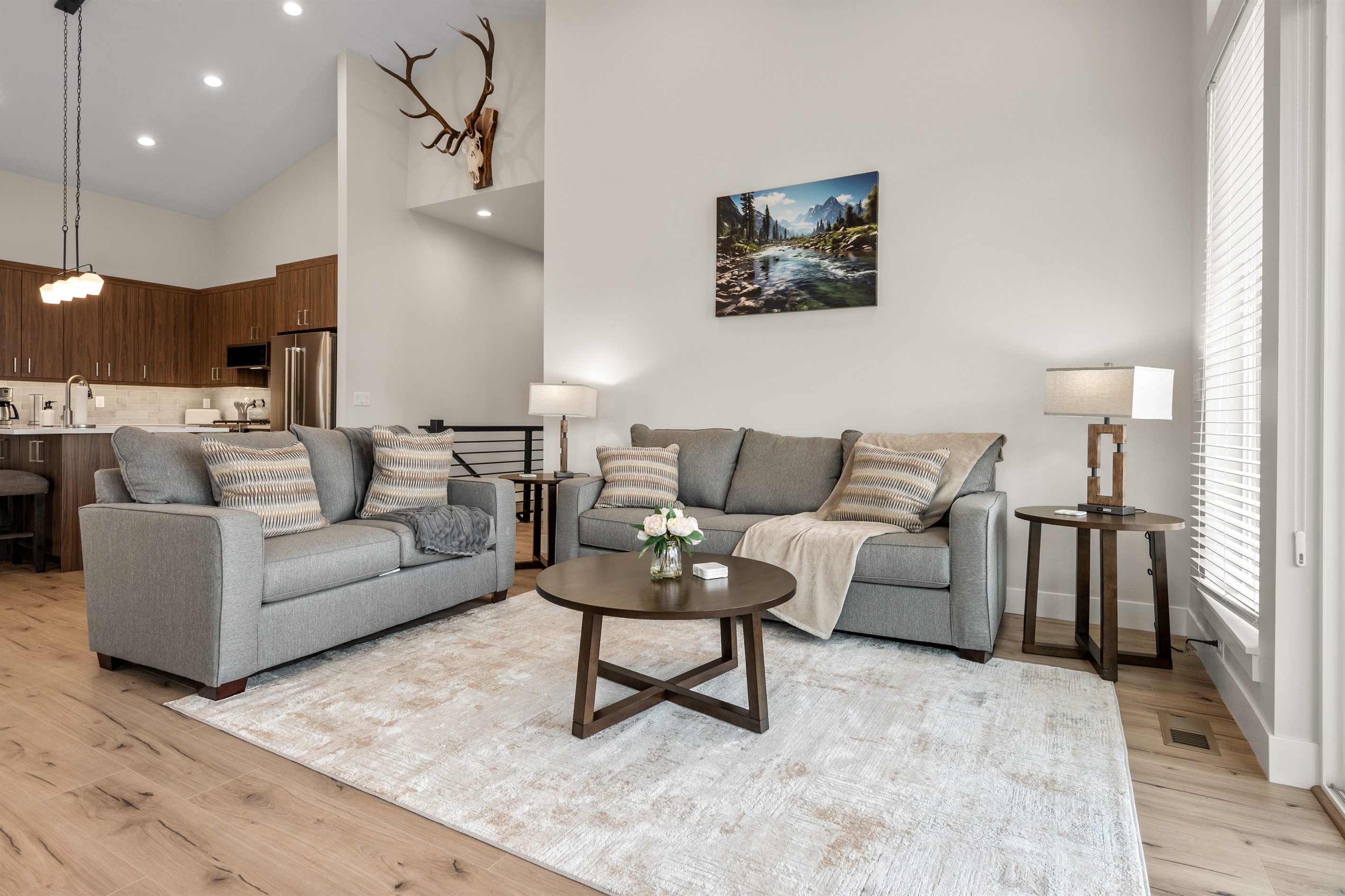 Modern decor and luxe pillows and throws.