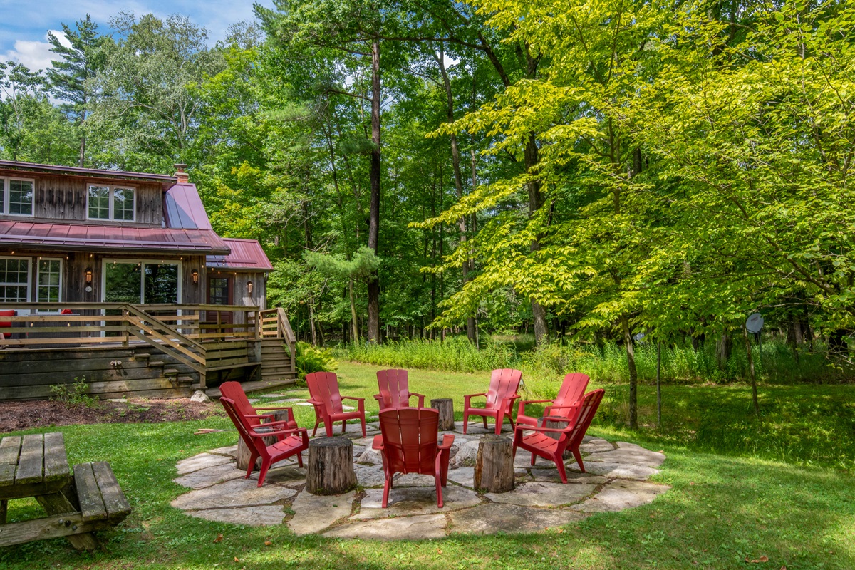 Bonfire location near cabin.