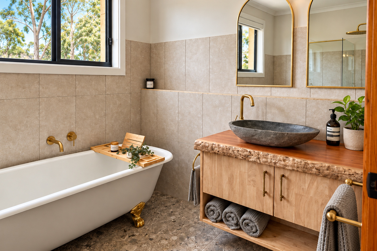 The clawfoot bath and timber vanity bring character to the bathroom, creating one of the more memorable indoor spaces at Bob’s River House.