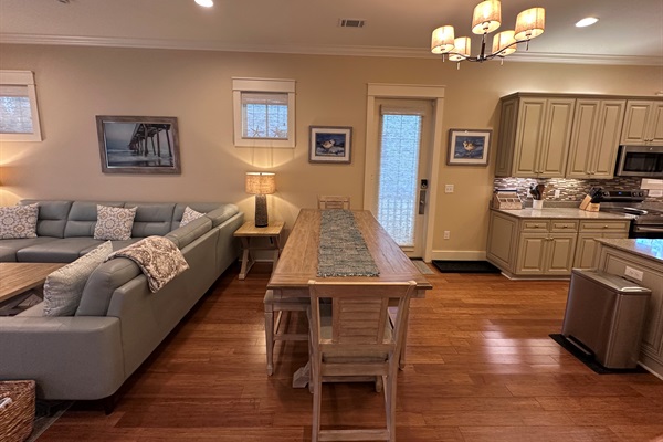 Dining Table seats 6 easily with seating for 2 more at the Kitchen Island.